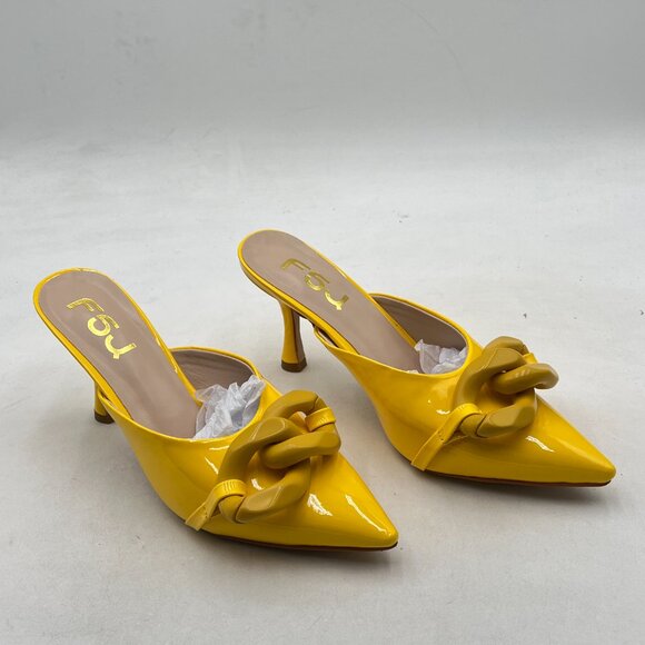 FSJ Yellow Pointed Toe Chain Stiletto Heels Slide Mules Dress Slip On Sandals - Picture 4 of 8